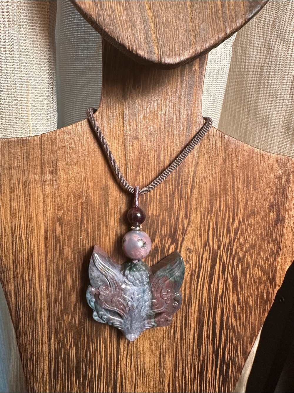 Blue & Purple Ocean Jasper Fox Mask Pendant Necklace on Brown Rope with Garnet - Picture 3 of 13